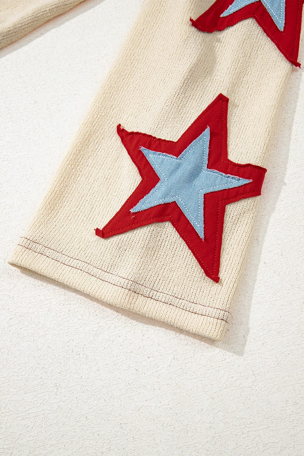 Beige Usa Star Contrast Patchwork Exposed Seam Long Sleeve Top