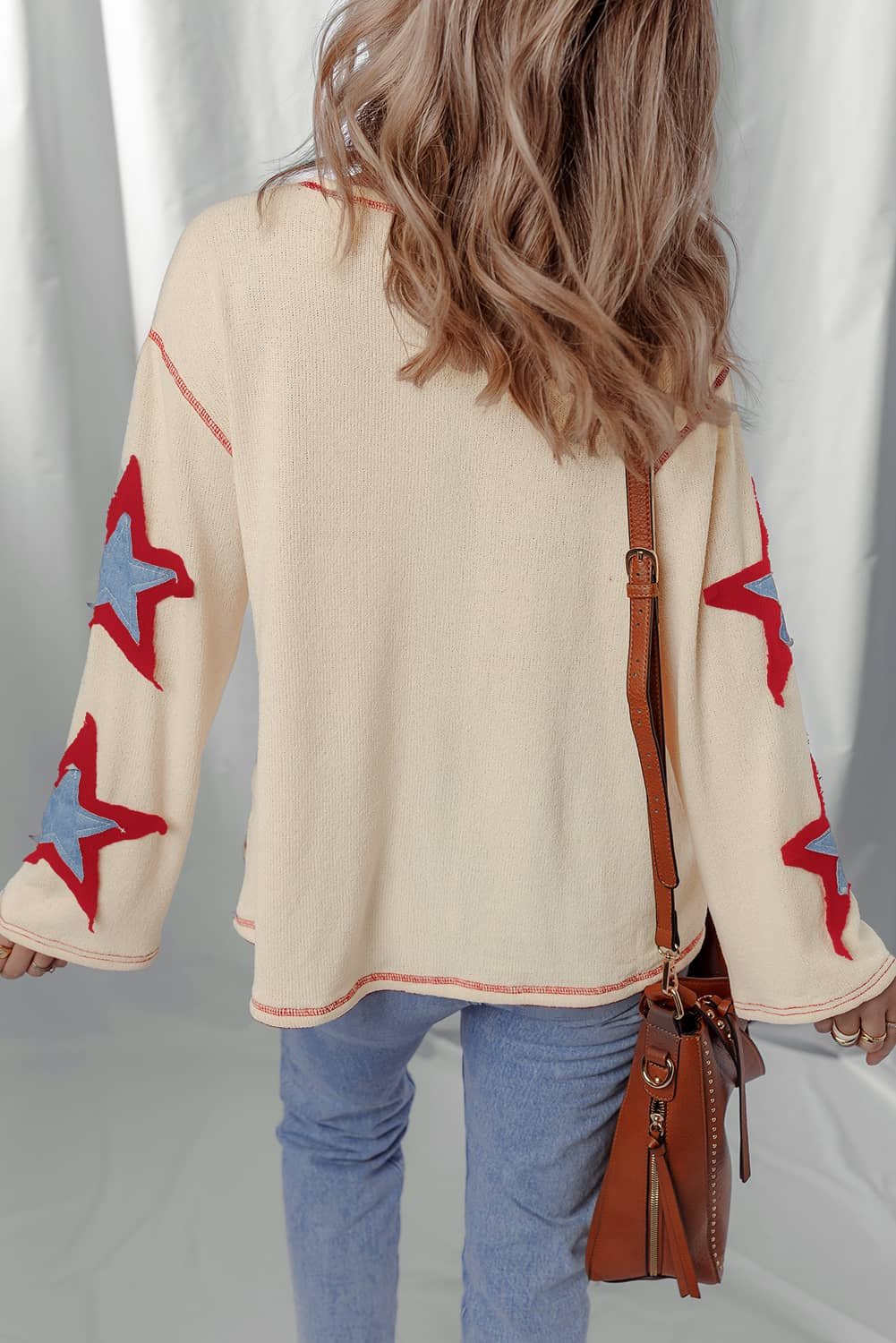 Beige Usa Star Contrast Patchwork Exposed Seam Long Sleeve Top