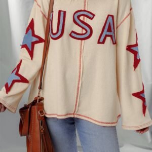 Beige Usa Star Contrast Patchwork Exposed Seam Long Sleeve Top
