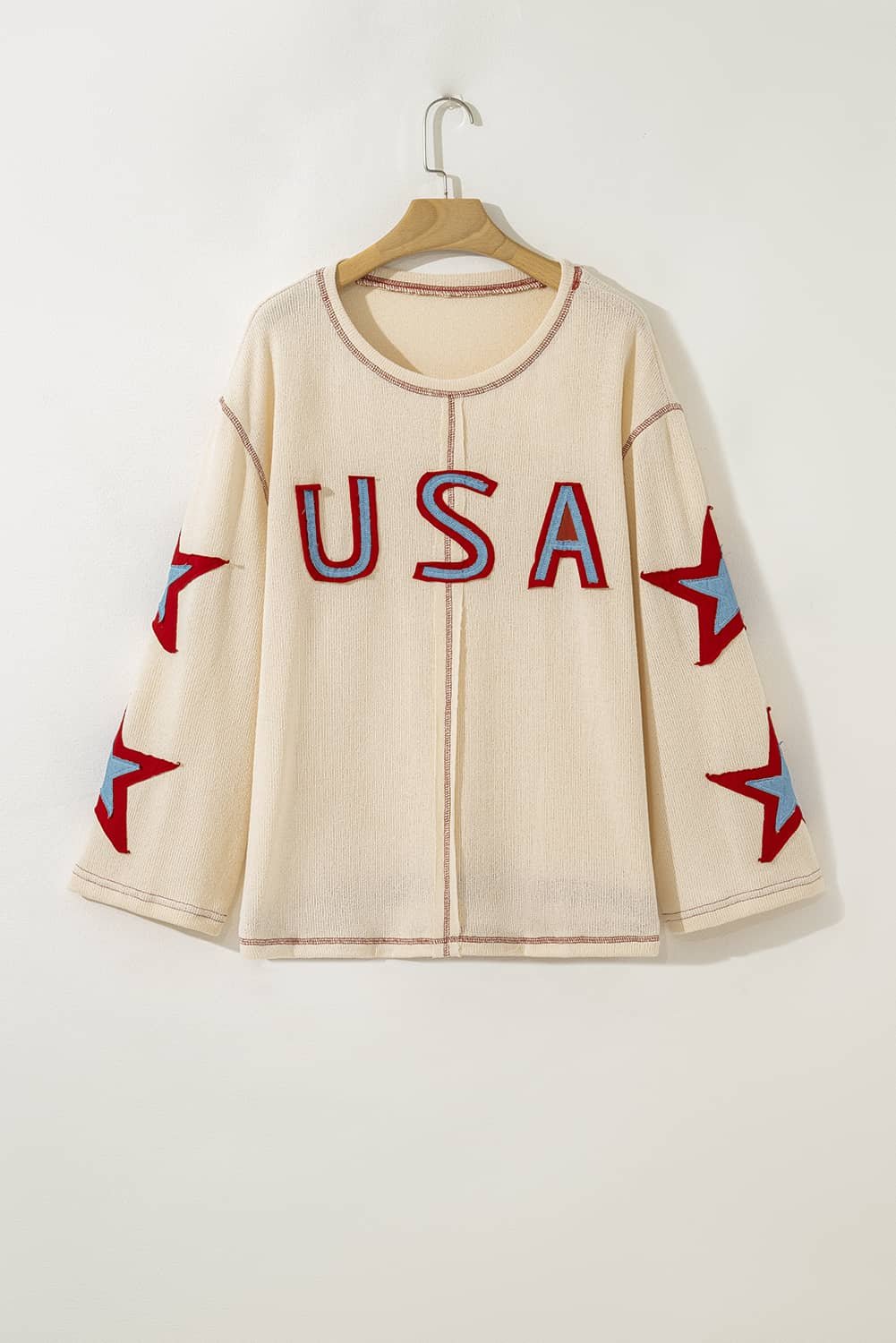 Beige Usa Star Contrast Patchwork Exposed Seam Long Sleeve Top