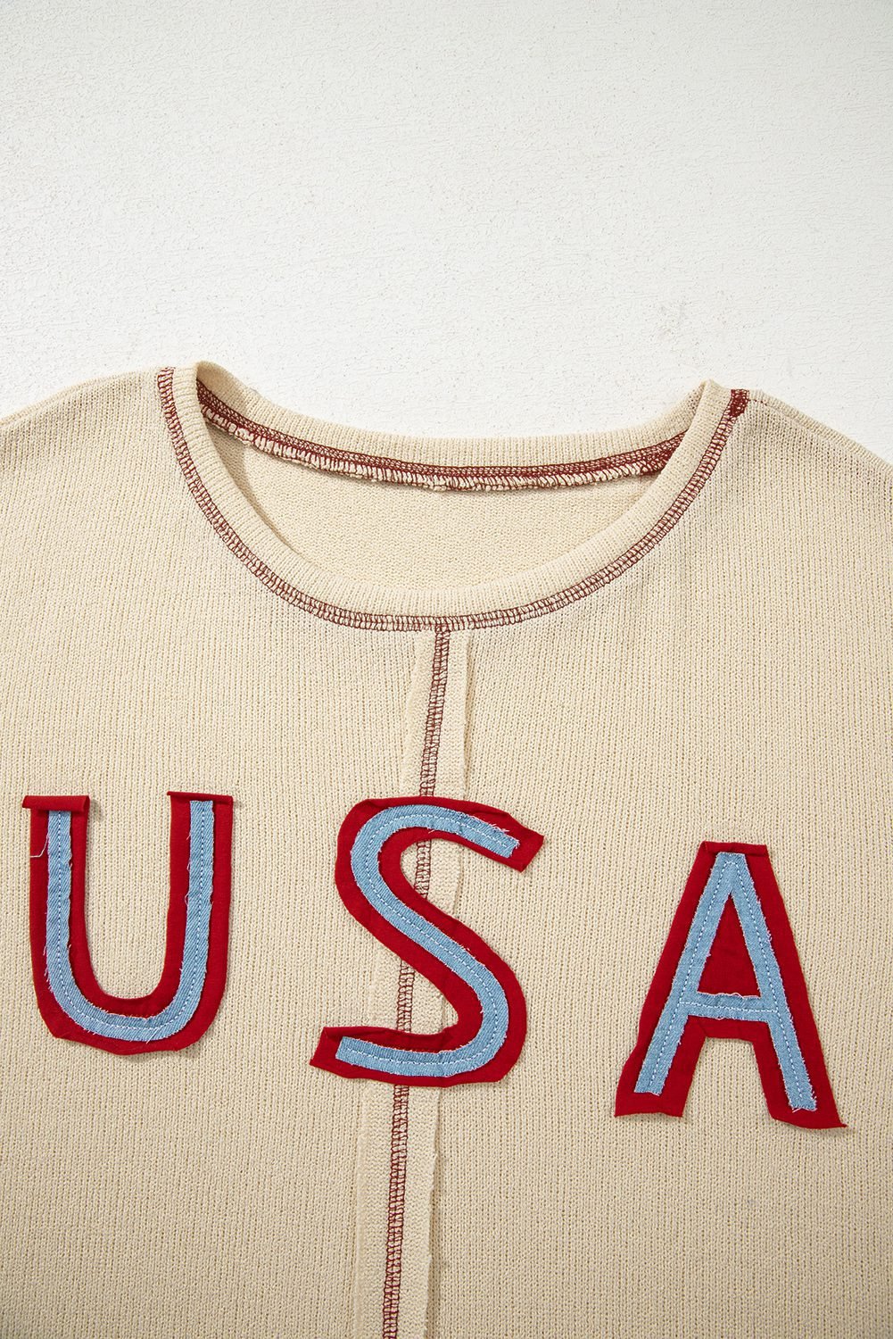 Beige Usa Star Contrast Patchwork Exposed Seam Long Sleeve Top
