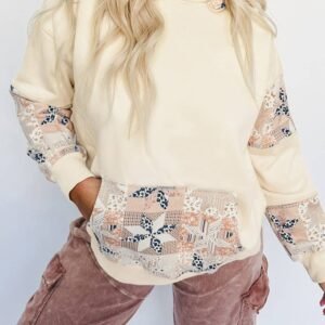 Beige Western Geo Pattern Patchwork Hoodie With Kangaroo Pocket