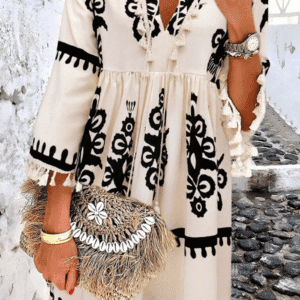 Beige Western Pattern Print Tasseled Notch V Neck Mini Dress