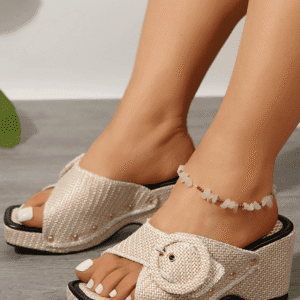 Beige Woven Buckle Decor Square Toe Chunky Wedge Slippers