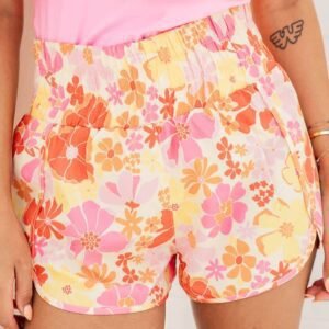 Orange Boho Floral Shirred High Waist Casual Shorts