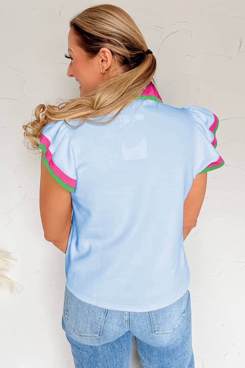 Beau Blue Color Contrast Ruffled Sleeve Collared V Neck Blouse