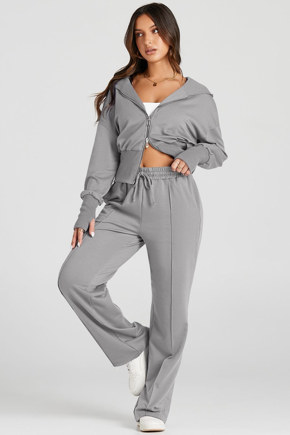 Gray Double Zipper Hooded Jacket And Sweatpants Active Set