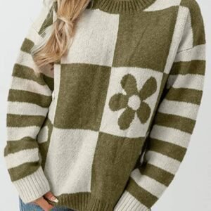Green Checkered Floral Print Striped Sleeve Sweater