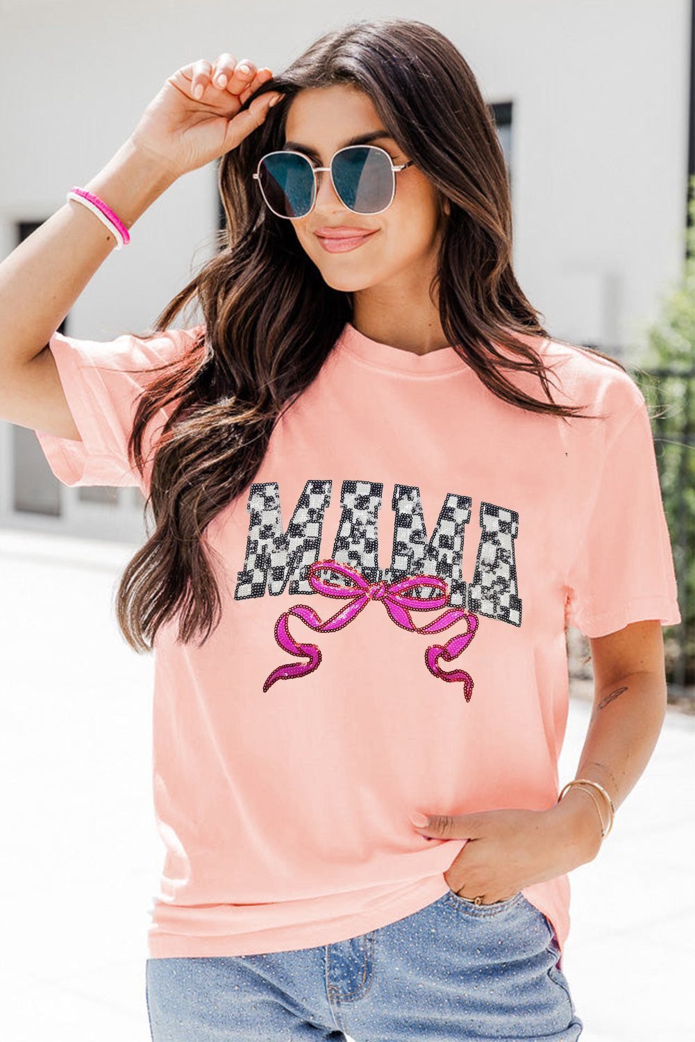 Pink Sequin Checkered Mama Bow Graphic T Shirt