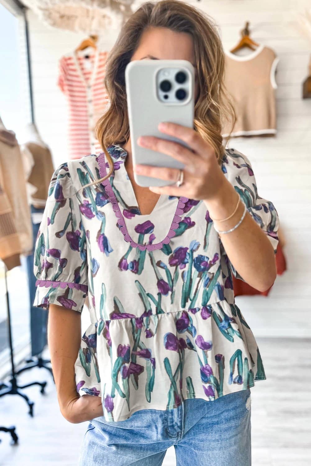 Purple Floral Ricrac Trim Half Sleeve Peplum Top