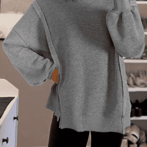 Gray Waffle Knit Bishop Sleeve Split Oversized Top