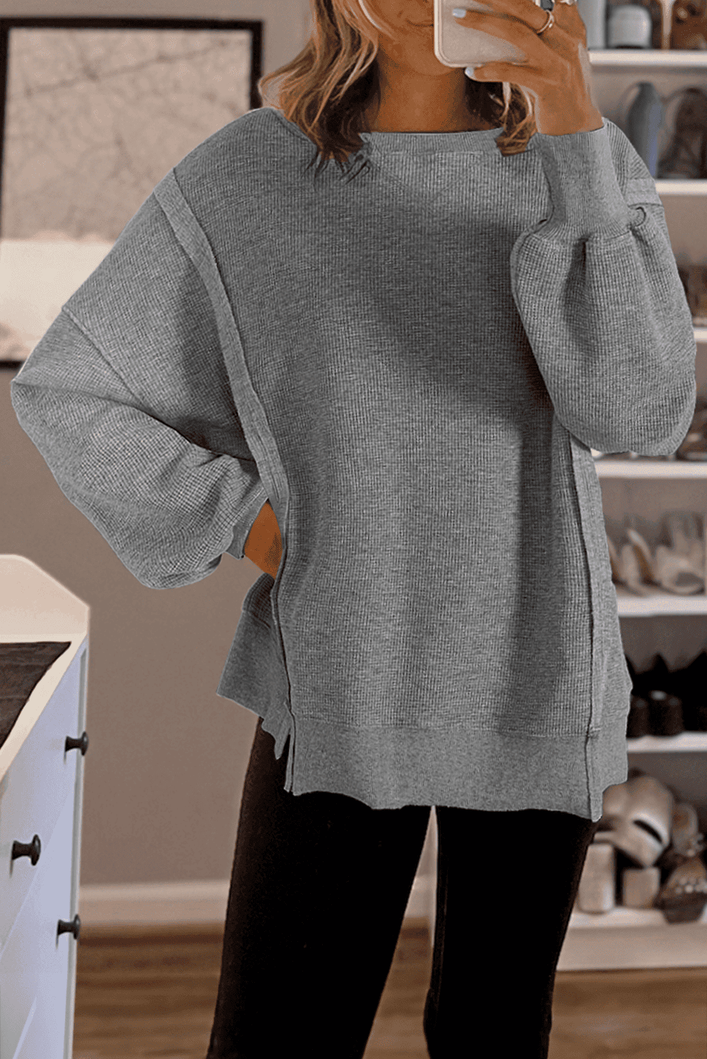 Gray Waffle Knit Bishop Sleeve Split Oversized Top