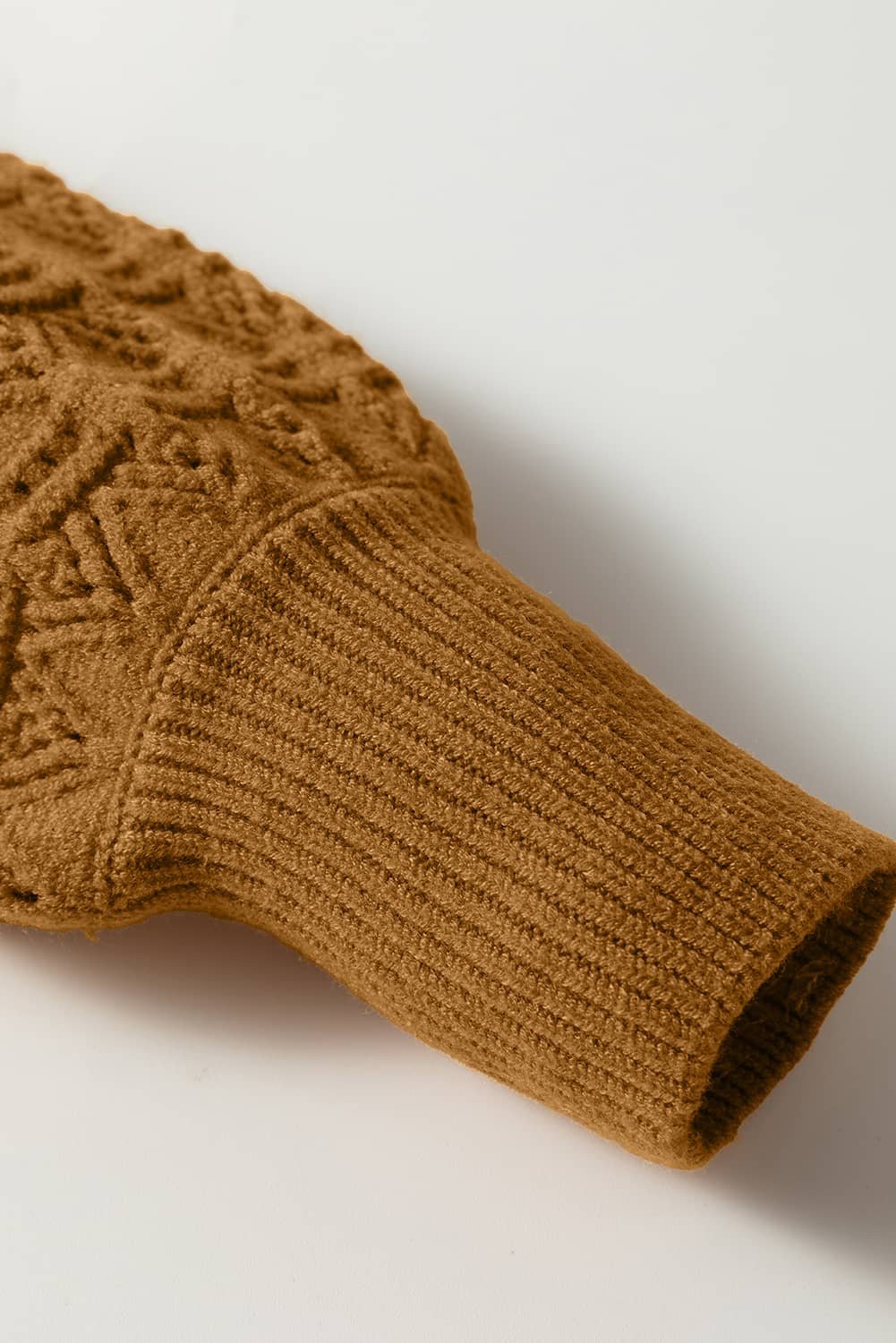 Jurassic Gold Hollow Out Crochet Ribbed Edge Balloon Sleeve Sweater