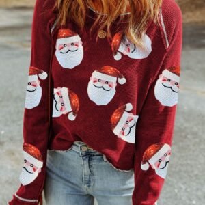 Red Sequin Santa Claus Graphic Textured Long Sleeve Top