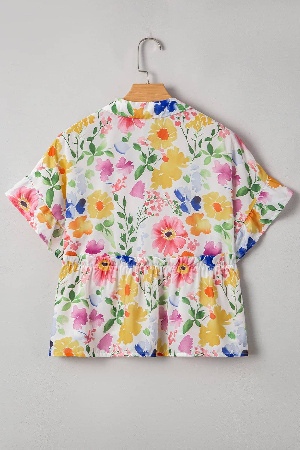 Yellow Floral Boxy Fit Ruffled Short Sleeve V Neck Blouse