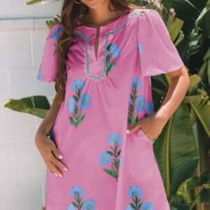 Rose Floral Short Sleeve Split Neck Loose Mini Dress