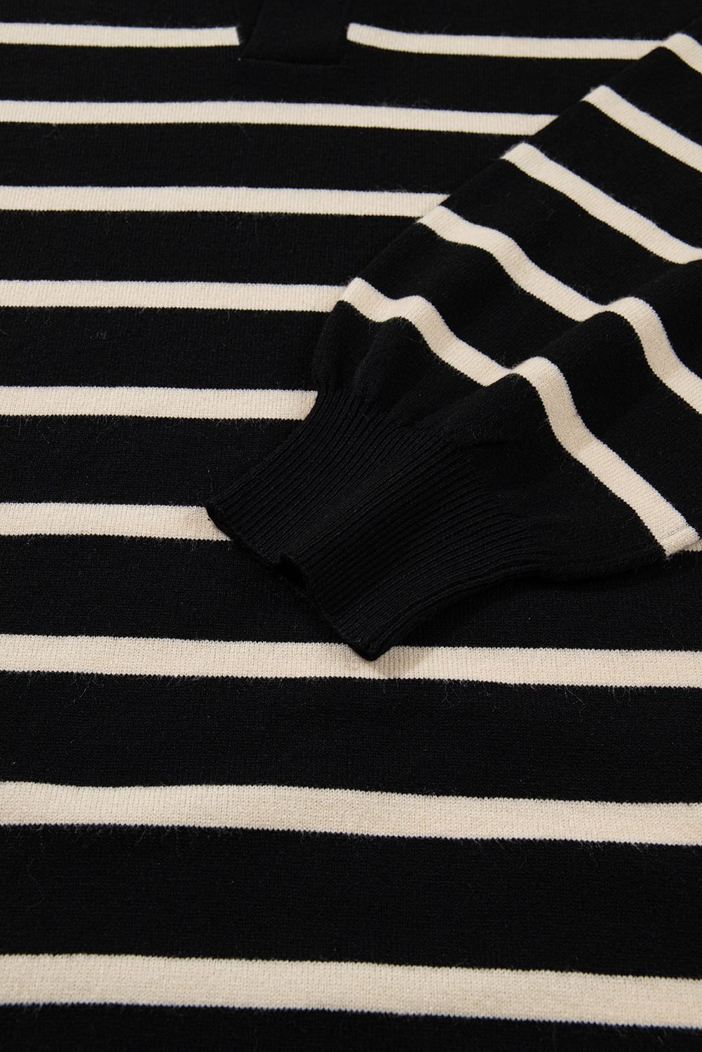 Black Stripe Polo Collar Puff Sleeve Sweater Mini Dress