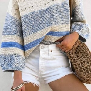 Light Blue Open Stitch Puff Sleeve Sweater