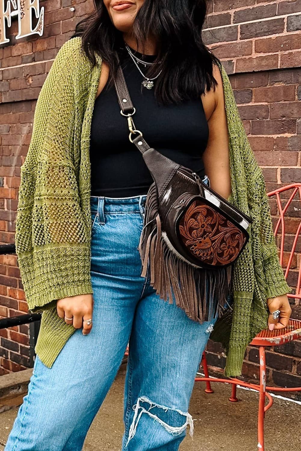 Spinach Green Oversize Crochet Knit Open Cardigan