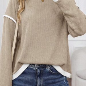 Beige Contrast Color Trim Knit Drop Shoulder Loose Top