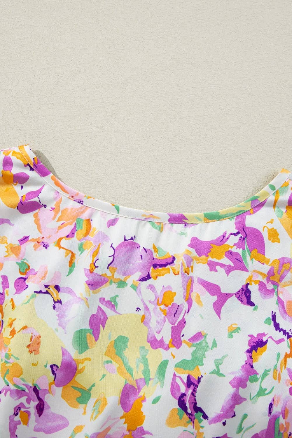 Purple Abstract Printed Ruffled Short Sleeve Notched Neck Blouse