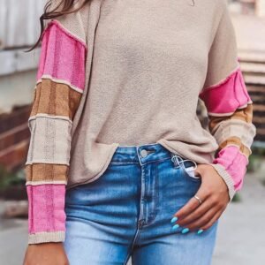 Simply Taupe Colorblock Exposed Seam Round Neck Sweater