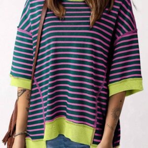 Green Stripe Oversized Contrast Trim Exposed Seam High Low T Shirt