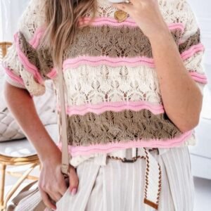 Brown Stripe Color Block Hollow Out Crochet Half Sleeve Sweater