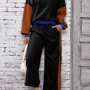 Black 2Pcs Color Block Pullover Loose Pant Set