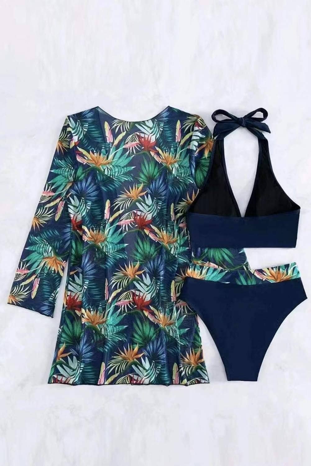 Black 3Pcs Tropical Contrast Trim Halter Bikini Set With Cover Up