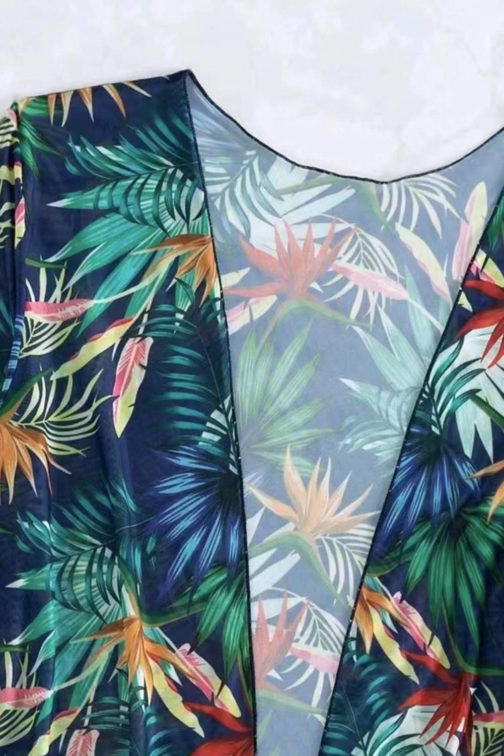 Black 3Pcs Tropical Contrast Trim Halter Bikini Set With Cover Up