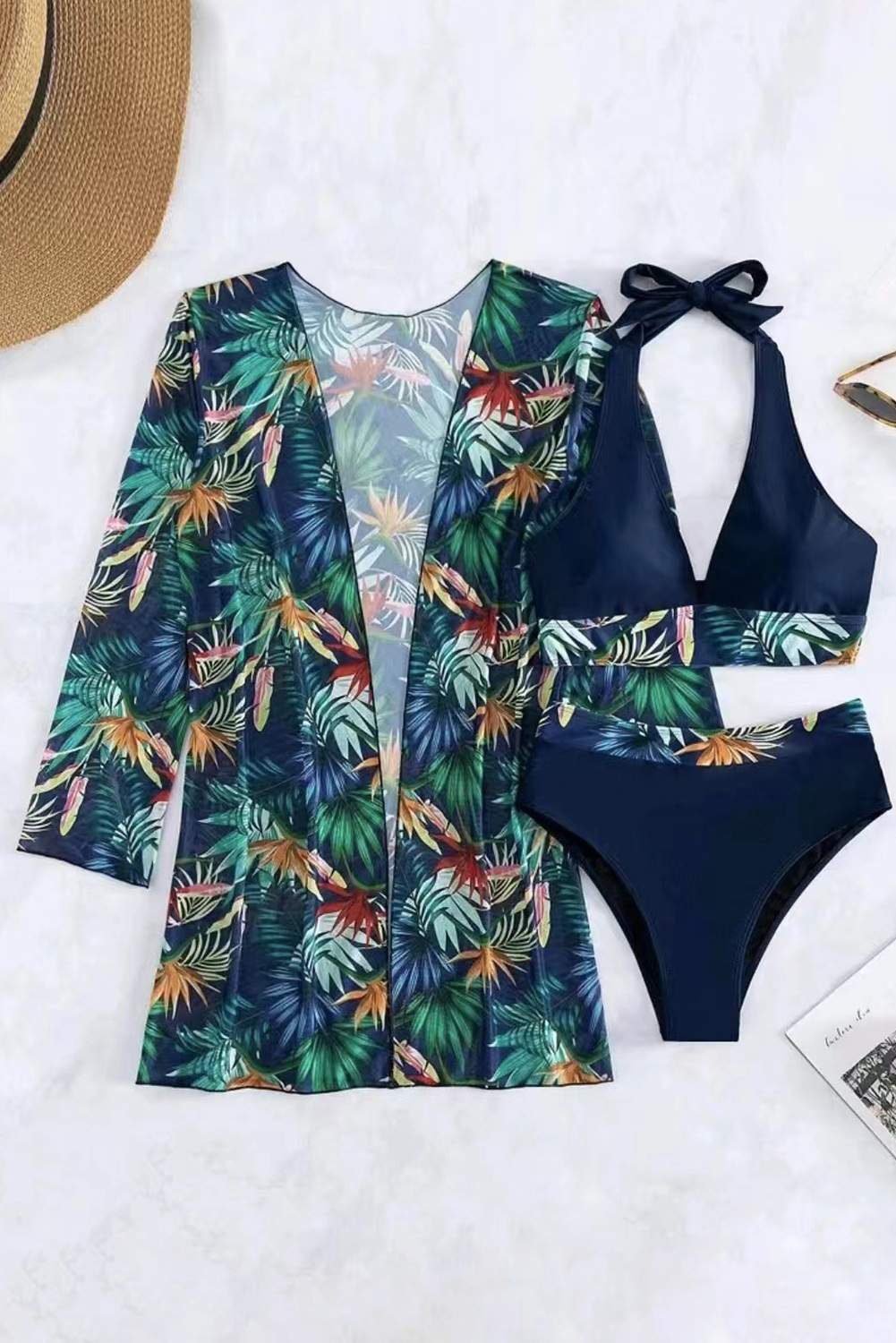 Black 3Pcs Tropical Contrast Trim Halter Bikini Set With Cover Up