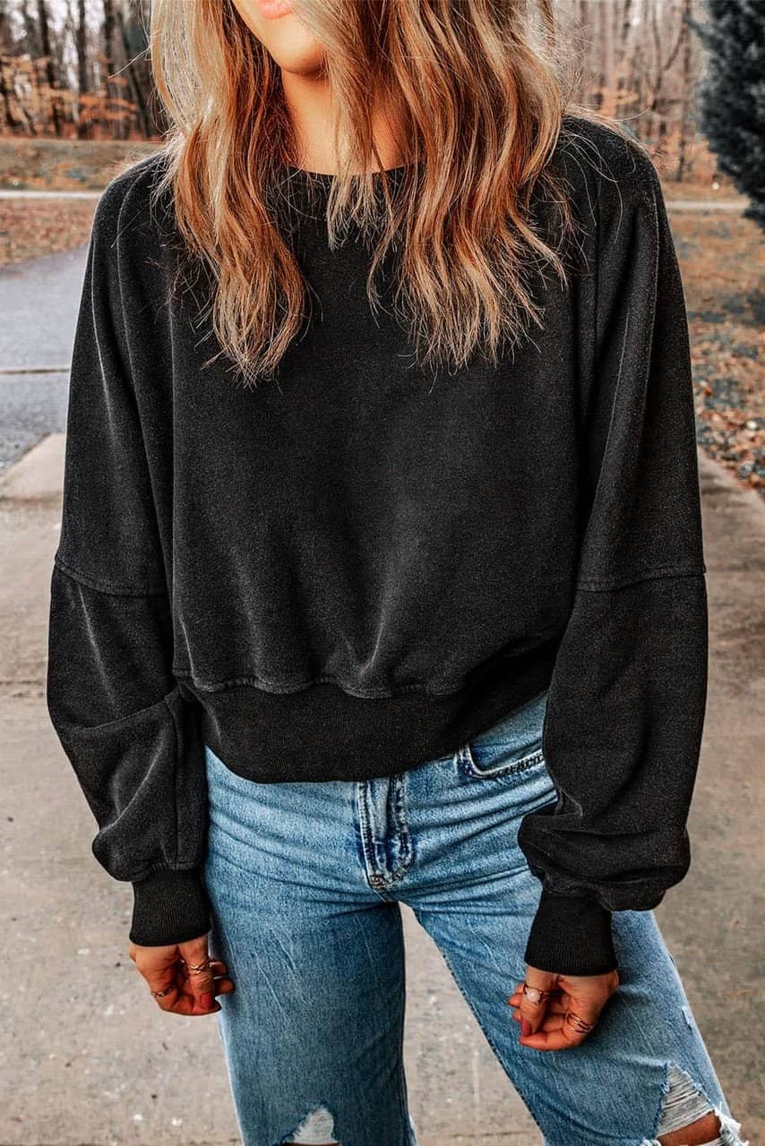 Black Acid Wash V-Shape Open Back Sweatshirt