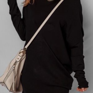 Black Asymmetric Neck Batwing Sleeve Shift Mini Sweater Dress