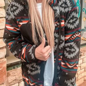 Black Aztec Printed Zip Up Collar Jacket