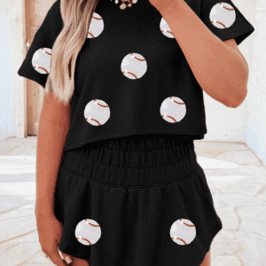 Black Baseball Print Skort Set