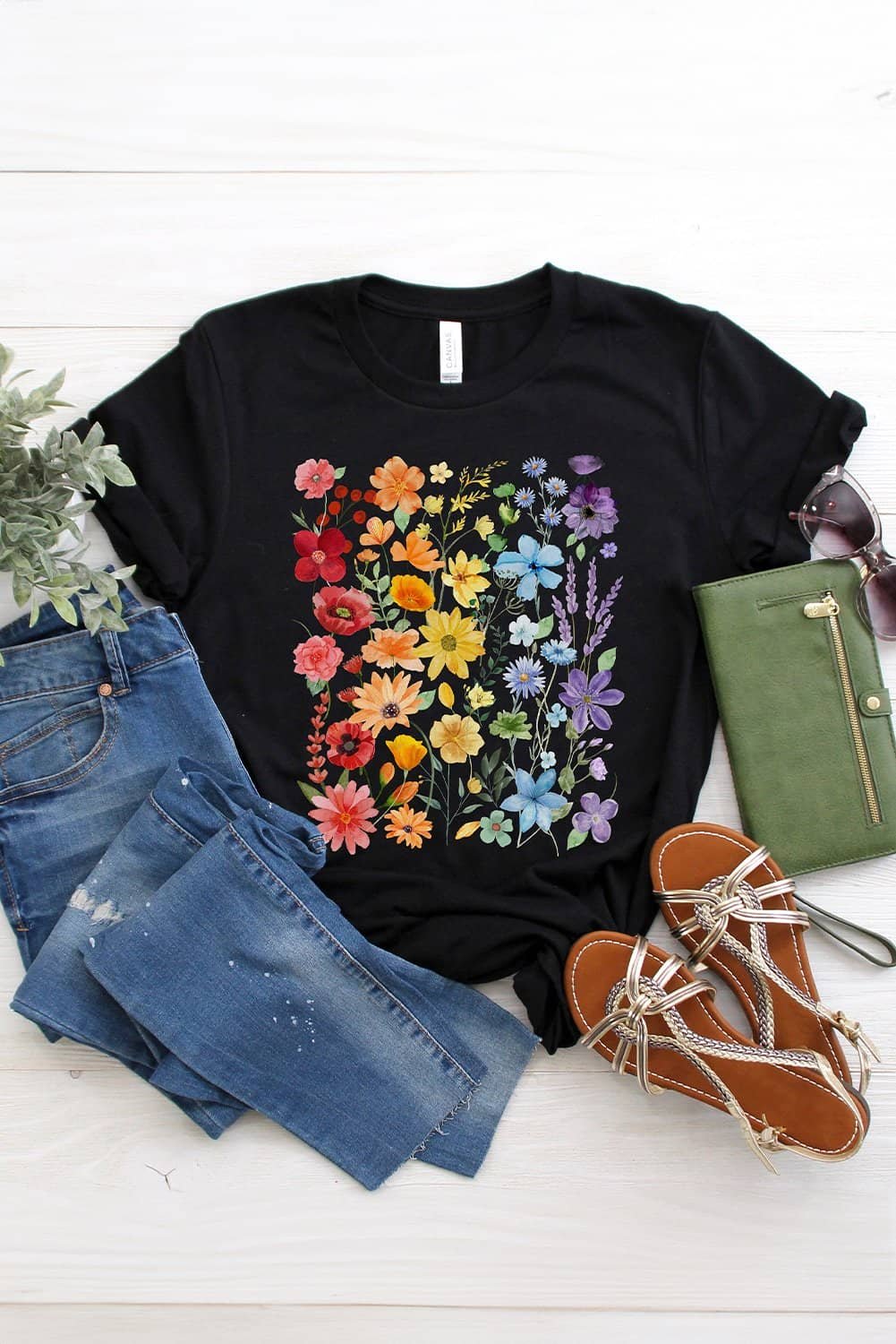 Black Beautiful Flower Print Cotton Blend Casual Tee