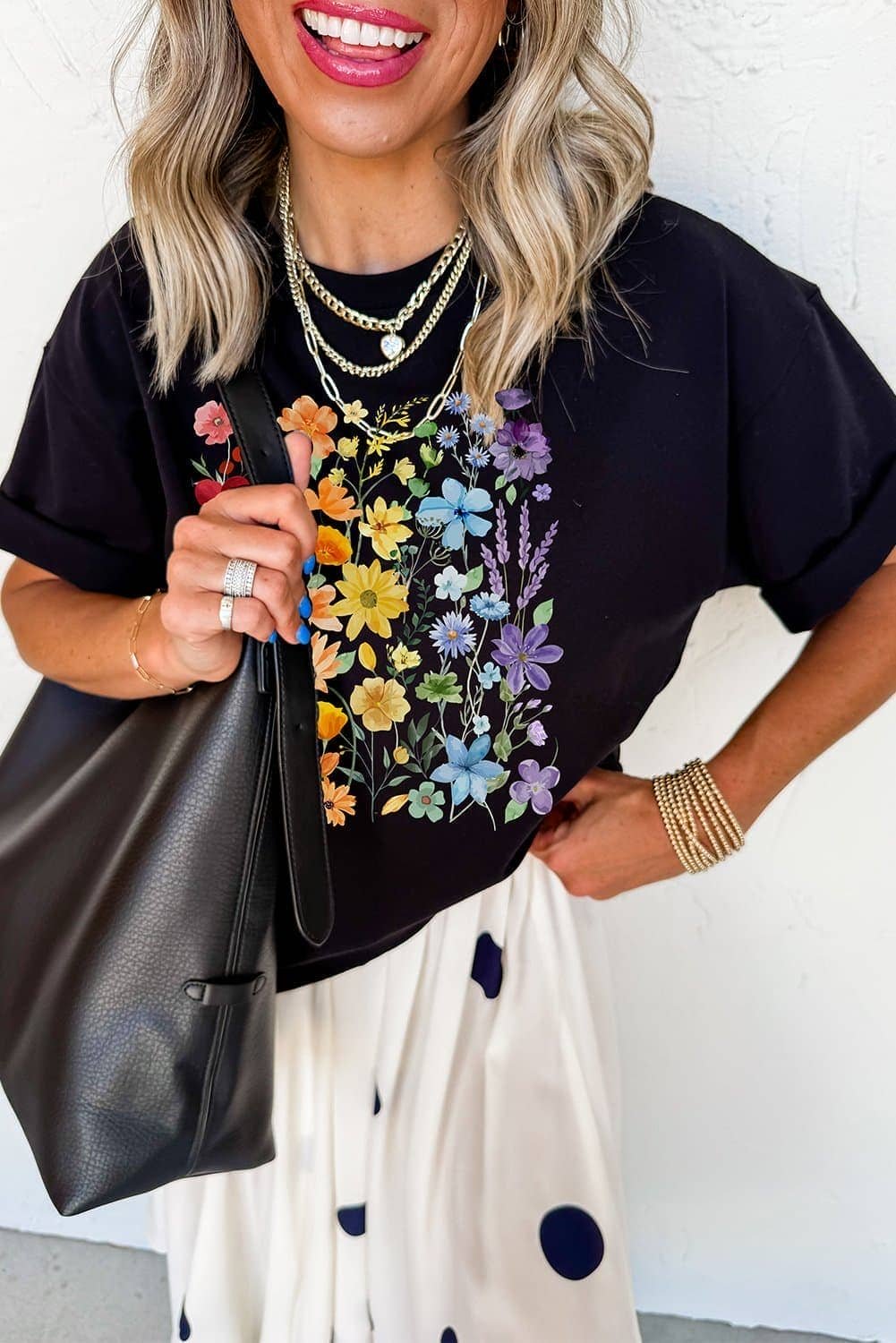 Black Beautiful Flower Print Cotton Blend Casual Tee