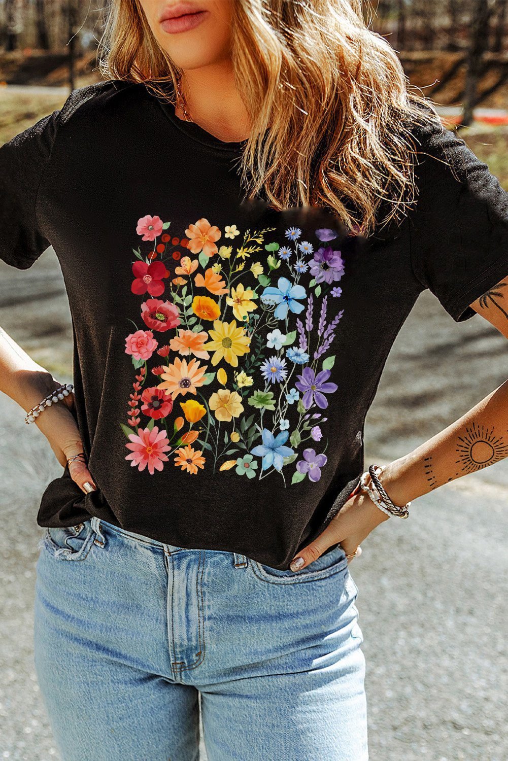 Black Beautiful Flower Print Cotton Blend Casual Tee