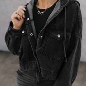 Black Big Chest Pocket Drop Shoulder Hooded Denim Jacket