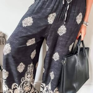 Black Bohemian Printed Drawstring Waist Wide Leg Pants