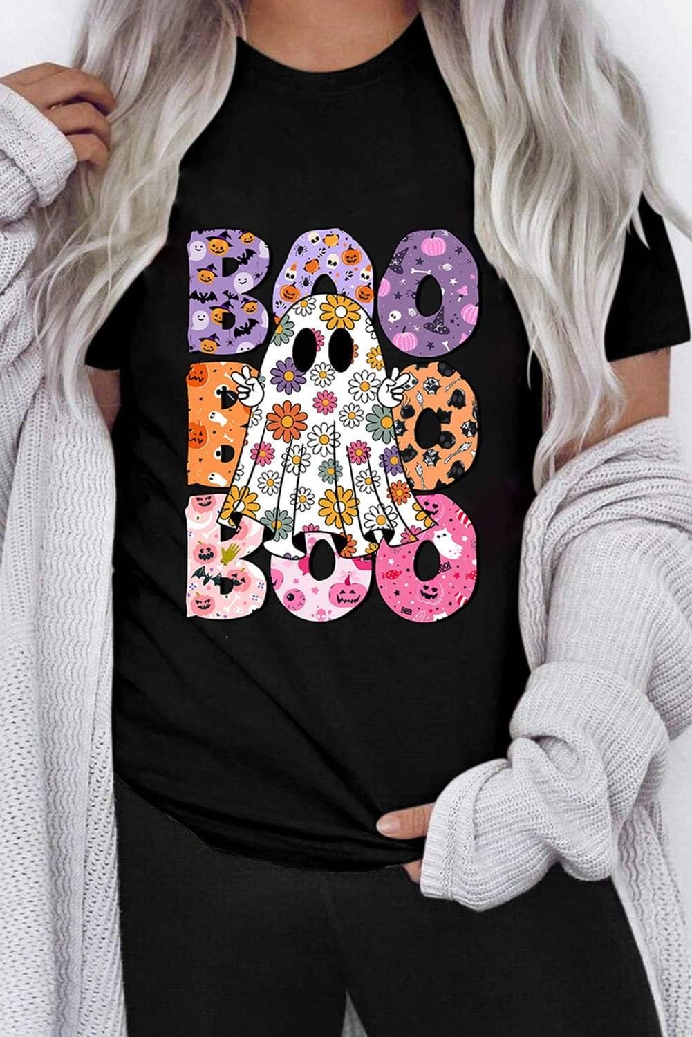 Black Boo Floral Ghost Print Crew Neck Halloween T Shirt