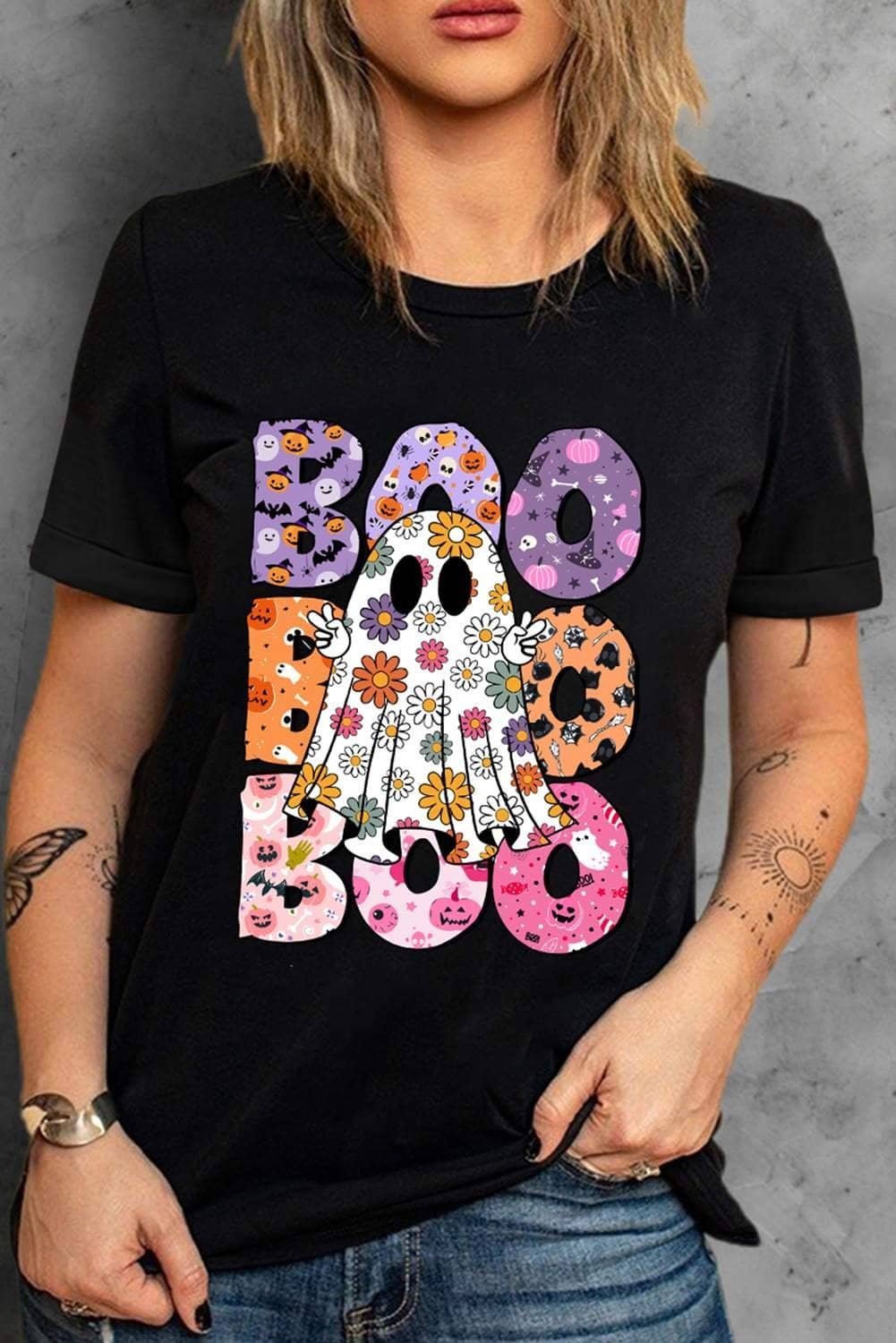 Black Boo Floral Ghost Print Crew Neck Halloween T Shirt