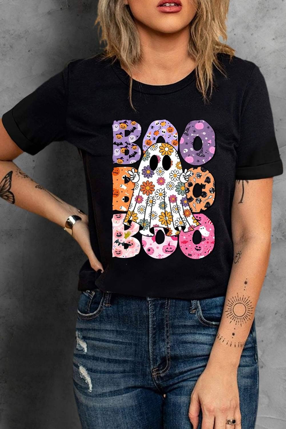 Black Boo Floral Ghost Print Crew Neck Halloween T Shirt