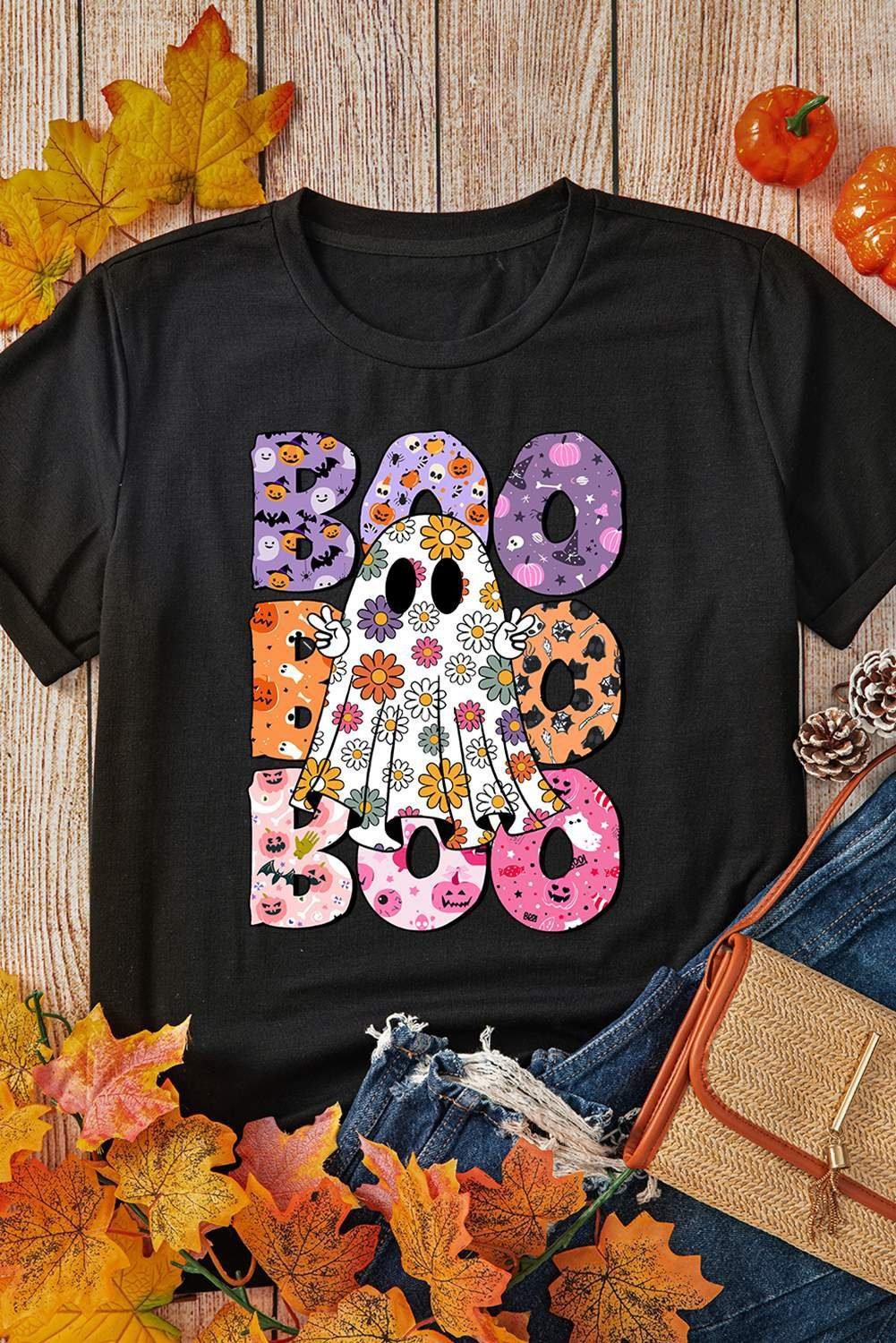 Black Boo Floral Ghost Print Crew Neck Halloween T Shirt