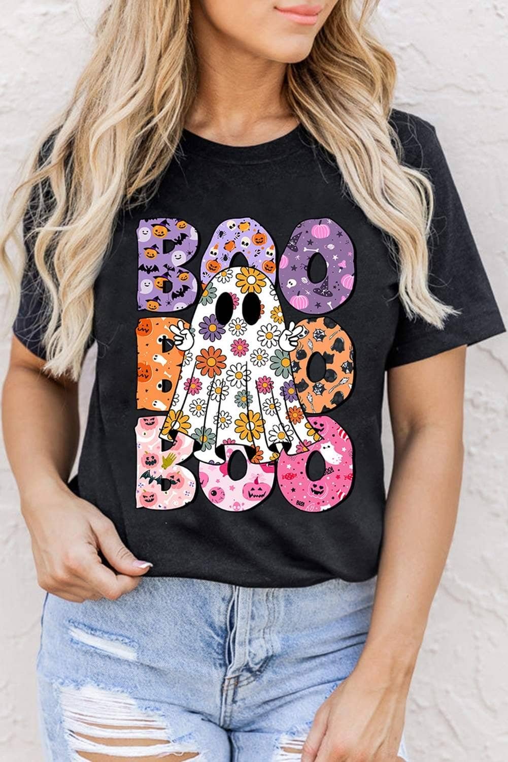 Black Boo Floral Ghost Print Crew Neck Halloween T Shirt