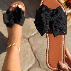 Black Bow Knot Decor Pu Leather Insole Flat Slippers