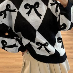 Black Bow Print 2-Tone Rhombus Knit Loose Sweater