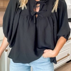 Black Bow Tie Neck 3/4 Sleeve Casual Blouse
