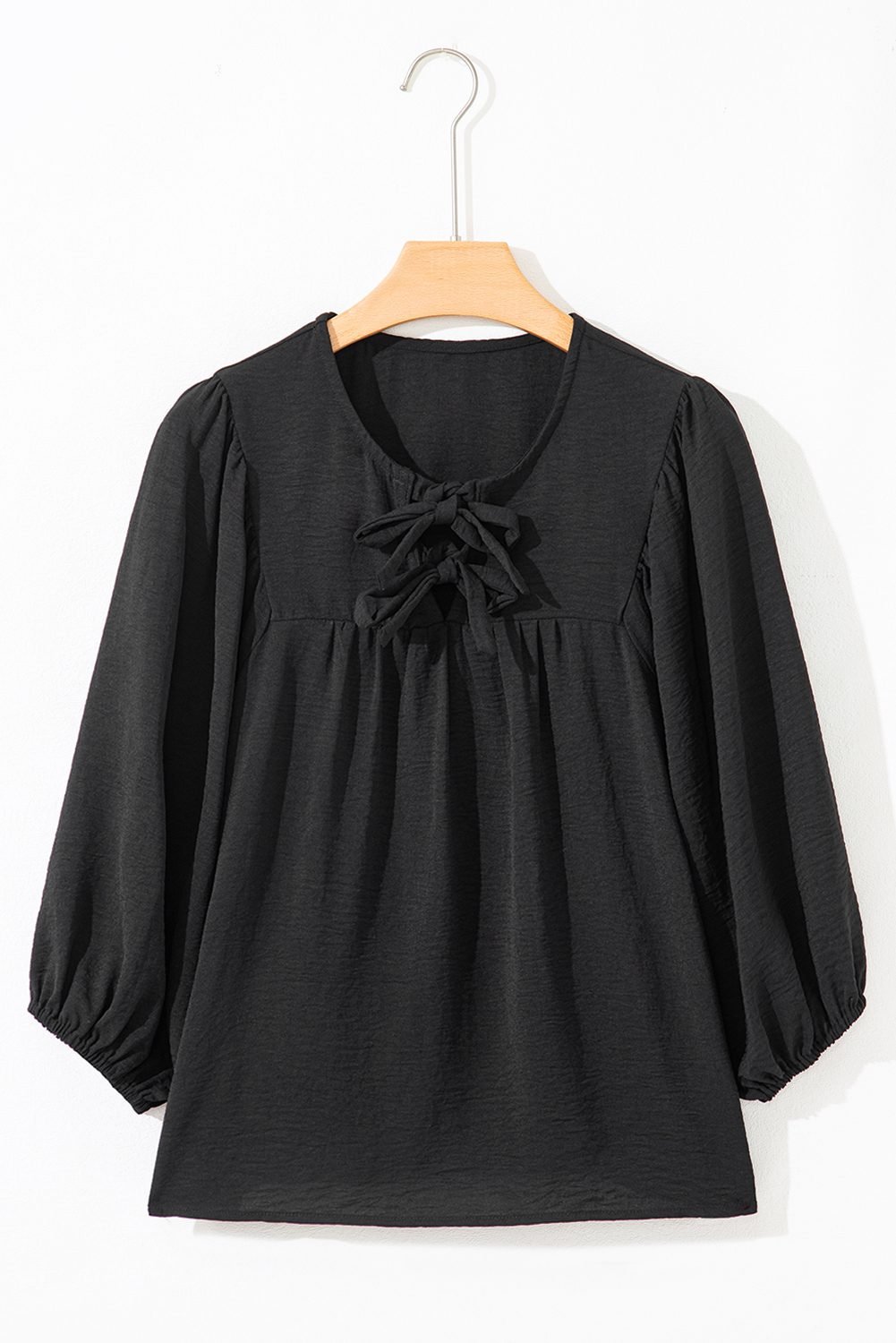Black Bow Tie Neck 3/4 Sleeve Casual Blouse